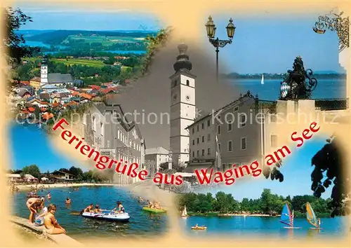 AK / Ansichtskarte Waging_See Ortsansicht mit Kirche Badestrand Windsurfen Waging_See