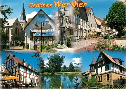 AK / Ansichtskarte Werther_Westfalen Altstadt Fachwerkhaeuser Strassencafe Kirche Statue Partie am Wasser Werther_Westfalen