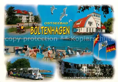 AK / Ansichtskarte Boltenhagen_Ostseebad Kurhaus Touristenbahn Kurhotel Strand Flaggen Boltenhagen_Ostseebad