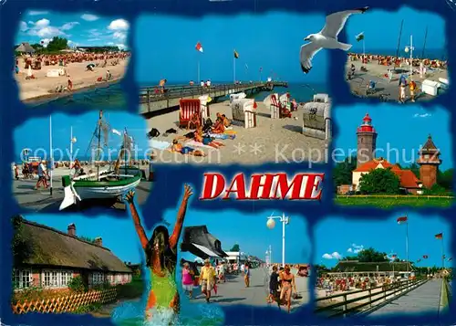 AK / Ansichtskarte Dahme_Ostseebad Strand Moewe Leuchtturm Promenade Seebruecke Fischkutter Dahme_Ostseebad