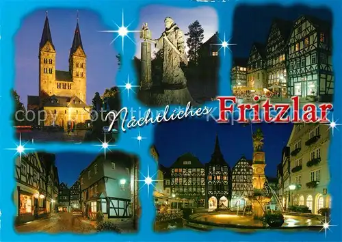 AK / Ansichtskarte Fritzlar Dom Denkmal Statue Altstadt Fachwerkhaus Brunnen Nachtaufnahme Fritzlar
