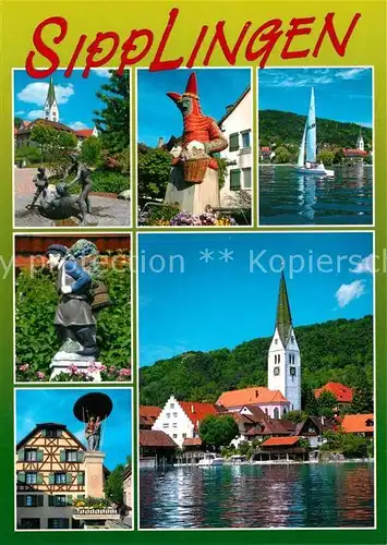 AK / Ansichtskarte Sipplingen_Bodensee Skulpturen Denkmal Segelboot Blick zur Kirche ueberlingersee Sipplingen Bodensee