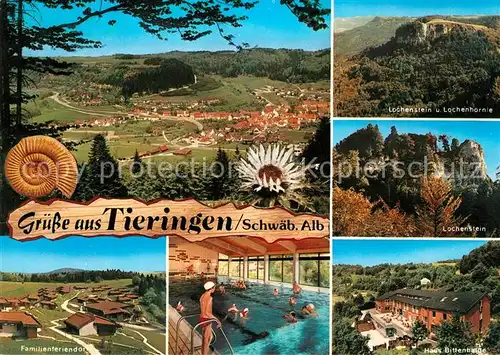 AK / Ansichtskarte Tieringen Panorama Erholungsort Schwaebische Alb Lochenstein Lochenhoernle Felsen Familiendorf Hallenbad Haus Bittenhalde Tieringen