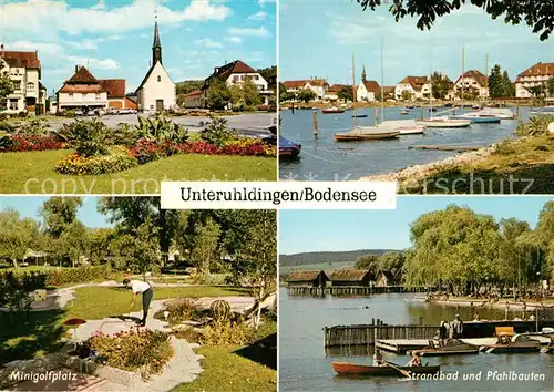 AK / Ansichtskarte Unteruhldingen Ortsmotiv mit Kirche Hafen Minigolfplatz Strandbad Pfahlbauten Unteruhldingen