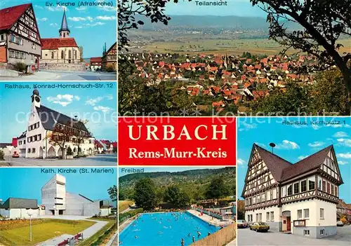 AK / Ansichtskarte Urbach_Rems Kirche Rathaus Freibad Fachwerkhaus Stadtpanorama Urbach Rems