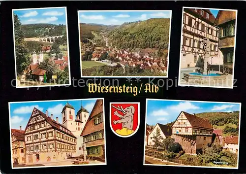 AK / Ansichtskarte Wiesensteig Ortsansicht mit Kirche Brunnen Altstadt Fachwerkhaus Viadukt Schwaebische Albstrasse Wiesensteig