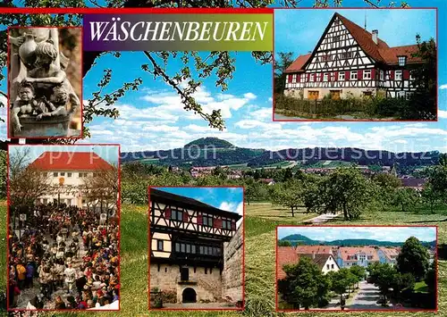 AK / Ansichtskarte Waeschenbeuren Skulptur Fest Fachwerkhaus Ortsstrasse Landschaftspanorama Waeschenbeuren