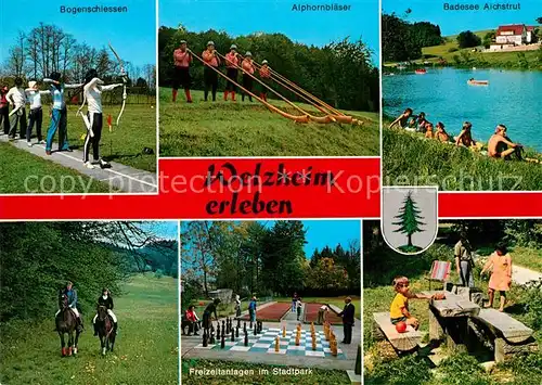 AK / Ansichtskarte Welzheim Freizeitanlagen Stadtpark Bogenschiessen Alphornblaeser Badesee Aichstrut Picknick Reiten Welzheim