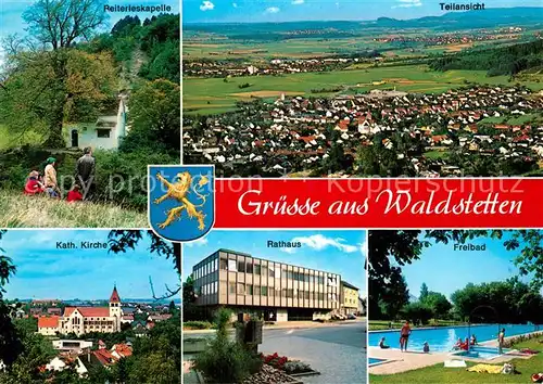 AK / Ansichtskarte Waldstetten_Wuerttemberg Reiterleskapelle Kirche Rathaus Freibad Fliegeraufnahme Waldstetten_Wuerttemberg