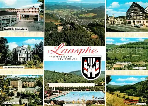 AK / Ansichtskarte Laasphe Kurklinik Emmaburg Panorama Karl Weiss Erholungsheim Haus Lahnblick Schloss Wittgenstein Freibad Laasphetal Laasphe