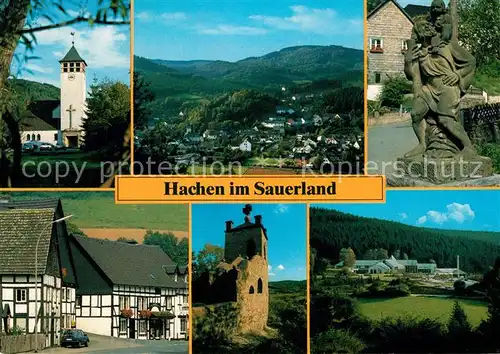 AK / Ansichtskarte Hachen_Sauerland Kirche Panorama Denkmal Fachwerkhaeuser Ruine Hachen_Sauerland