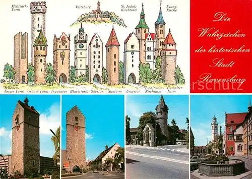 AK / Ansichtskarte Ravensburg_Wuerttemberg Tuerme Brunnen Kreuzbrunnen Ravensburg Wuerttemberg