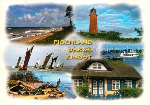 AK / Ansichtskarte Zingst_Ostseebad Strand Leuchtturm Segelboote Dampfer Reetdachhaus Zingst_Ostseebad