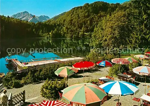 AK / Ansichtskarte Oberstdorf Freibergsee Strandcafe Restaurant Terrasse Skiflugschanze Alpenpanorama Oberstdorf