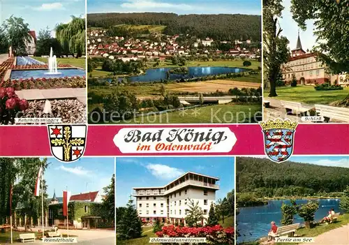 AK / Ansichtskarte Bad_Koenig_Odenwald Panorama See Bahnhofsanlagen Wasserspiele Schloss Wandelhalle Sanatorium Wappen Bad_Koenig_Odenwald