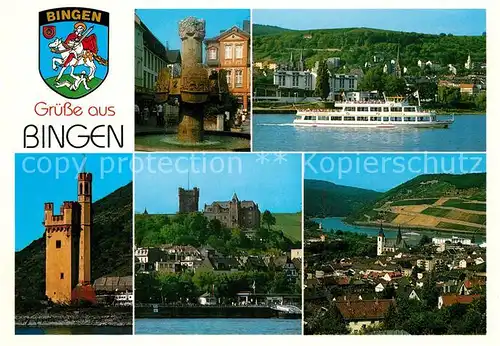 AK / Ansichtskarte Bingen_Rhein Maeuseturm Burg Klopp Brunnen Stadtpanorama Rheindampfer Wappen Bingen Rhein