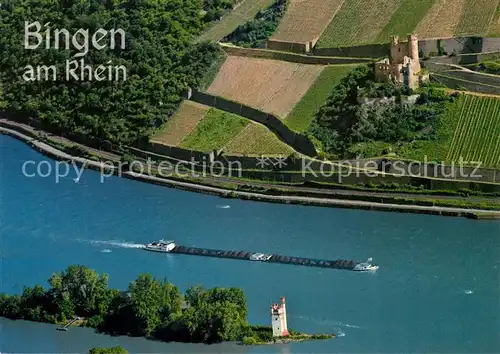 AK / Ansichtskarte Bingen_Rhein Maeuseturm Ruine Ehrenfels Frachtkahn Fliegeraufnahme Bingen Rhein