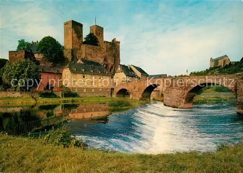 AK / Ansichtskarte Runkel_Lahn Lahnbruecke Wehr Burg Runkel und Burg Schadeck Runkel_Lahn