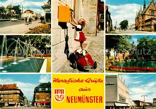 AK / Ansichtskarte Neumuenster_Schleswig Holstein Strassenpartien Innenstadt Wasserspiele Maedchen am Briefkasten Neumuenster