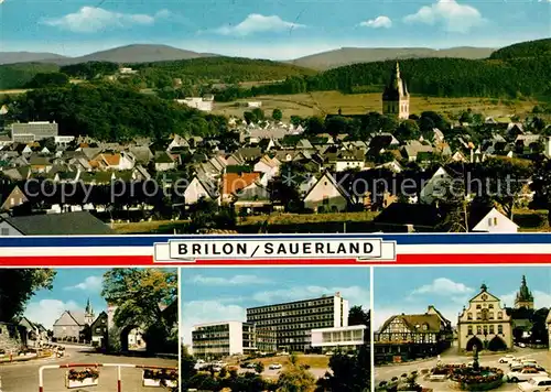 AK / Ansichtskarte Brilon Ortsansicht mit Kirche Strassenpartie Hochhaus Platz Brunnen Brilon