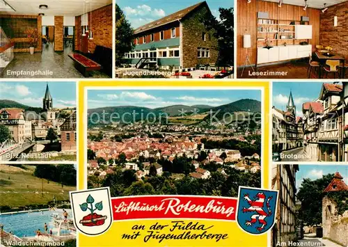 AK / Ansichtskarte Rotenburg_Fulda Jugendherberge Kirche Brotgasse Hexenturm Waldschwimmbad Stadtpanorama Wappen Rotenburg Fulda