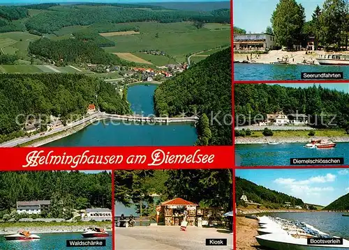 AK / Ansichtskarte Helminghausen Fliegeraufnahme Diemelsee Seerundfahrten Diemelschloesschen Waldschaenke Kiosk Bootsverleih Helminghausen