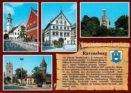 AK / Ansichtskarte Ravensburg_Wuerttemberg Marienplatz mit Blaeserturm Waaghaus und Rathaus Lederhaus Veitsburg Frauentor und Gruener Turm Ravensburg Wuerttemberg