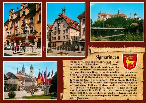 AK / Ansichtskarte Sigmaringen Rathaus mit Rathausbrunnen Fidelishaus Schloss mit Donaubruecke Blick in die Hauptstrasse Sigmaringen