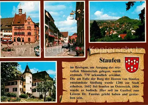 AK / Ansichtskarte Staufen_Breisgau Rathaus mit Marktbrunnen Hauptstrasse Blick auf die Stadt Schloss Staufen Breisgau
