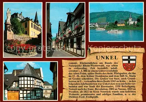 AK / Ansichtskarte Unkel_Rhein Denkmal Brunnen Gasse Rheinpartie Fachwerkhaus Unkel Rhein
