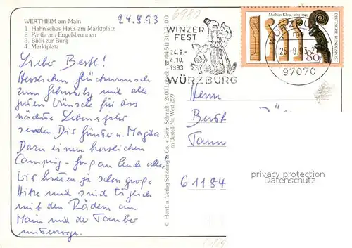 AK / Ansichtskarte Wertheim_Main Hahnsches Haus am Marktplatz Engelsbrunnen Burgblick Marktplatz Wertheim Main