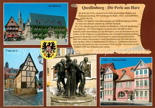 AK / Ansichtskarte Quedlinburg Rathaus Finkenherd Muenzenberger Musikanten Brunnen Adler und Ratsapotheke Quedlinburg