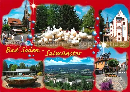 AK / Ansichtskarte Bad_Soden Salmuenster Kirche Wasserspiele Brunnen Kurkliniken Strassenpartie Heilbad Naturpark Spessart Bad_Soden Salmuenster