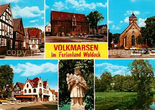 AK / Ansichtskarte Volkmarsen Altstadt Fachwerkhaeuser Hotel Restaurant Rathaus Kirche Denkmal Partie am Fluss Volkmarsen