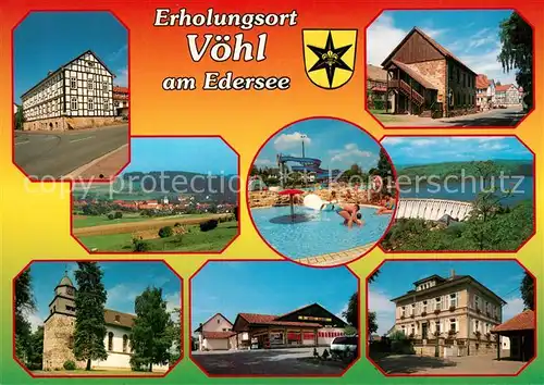 AK / Ansichtskarte Voehl_Edersee Fachwerkhaus Ortsansicht Kirche Landschaftspanorama Edersee Sperrmauer Freibad Voehl Edersee