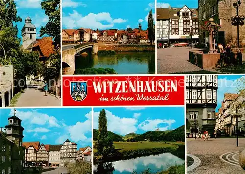 AK / Ansichtskarte Witzenhausen Altstadt Fachwerkhaeuser Brunnen Werra Bruecke Landschaftspanorama Witzenhausen