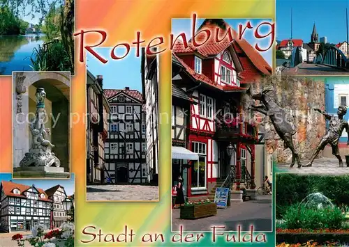 AK / Ansichtskarte Rotenburg_Fulda Altstadt Fachwerkhaeuser Denkmal Skulpturen Bruecke Park Rotenburg Fulda
