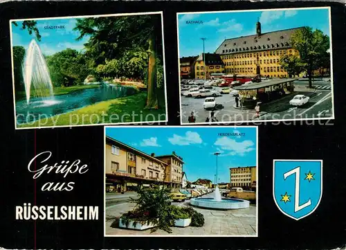 AK / Ansichtskarte Ruesselsheim_Main Stadtpark Fontaene Rathaus Friedensplatz Wappen Ruesselsheim Main