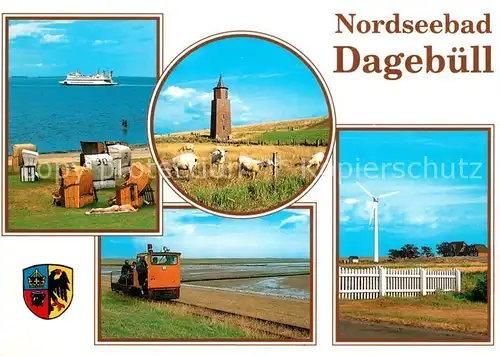 AK / Ansichtskarte Dagebuell Faehre Strandkoerbe Leuchtturm Windrad Draisine Wappen Dagebuell