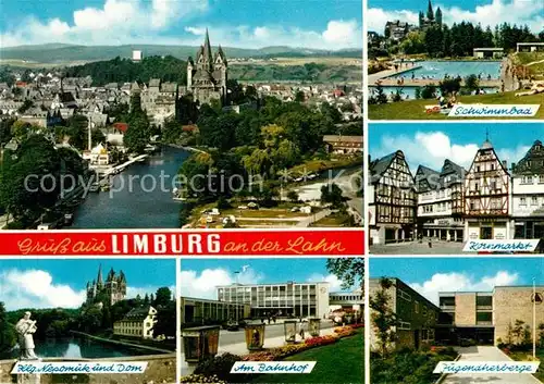 AK / Ansichtskarte Limburg_Lahn Stadtbild mit Dom Fliegeraufnahme Schwimmbad Kornmarkt Fachwerkhaeuser Jugendherberge Bahnhof Heiliger Nepomuk Statue Limburg_Lahn