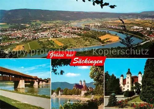 AK / Ansichtskarte Bad_Saeckingen Stadtpanorama mit Rhein Historische Holzbruecke Gallusturm Muenster Trompetenschloss Bad_Saeckingen