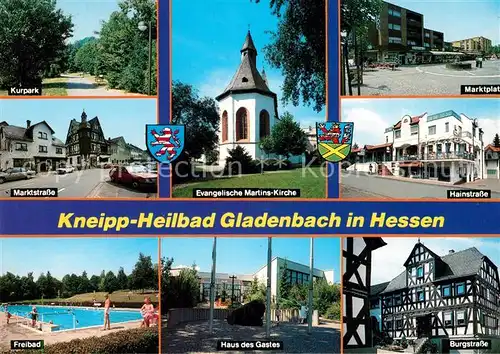 AK / Ansichtskarte Gladenbach Kurpark Markstrasse Freibad Kirche Haus des Gastes Marktplatz Hainstrasse Burgstrasse Fachwerkhaus Gladenbach