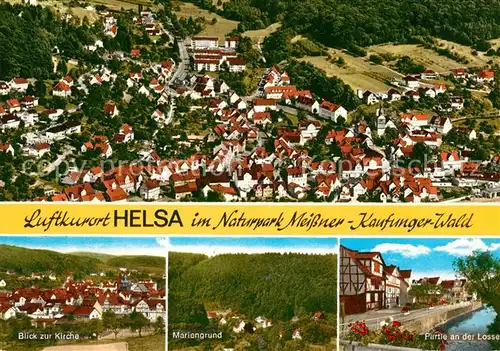 AK / Ansichtskarte Helsa Luftkurort Naturpark Meissner Kaufunger Wald Fliegeraufnahme Mariengrund Partie an der Losse Helsa