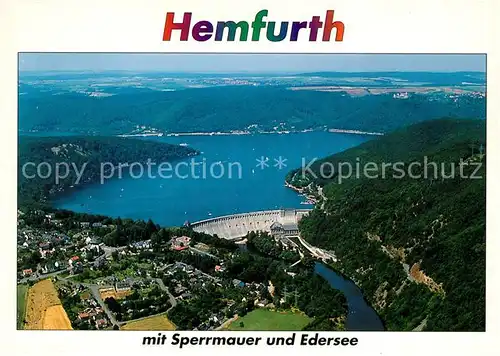 AK / Ansichtskarte Hemfurth Edersee Edertalsperre mit Sperrmauer und Edersee Fliegeraufnahme Hemfurth Edersee