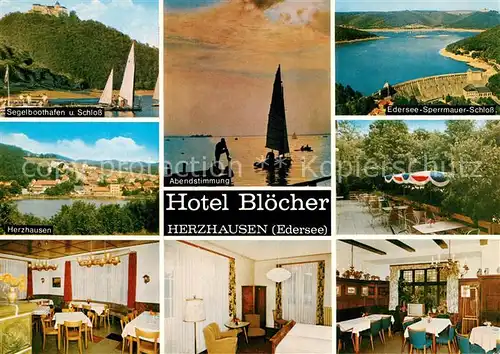 AK / Ansichtskarte Herzhausen_Edersee Hotel Bloecher Segelboothafen Schloss Abendstimmung Edersee Sperrmauer Herzhausen Edersee