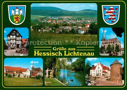 AK / Ansichtskarte Hessisch_Lichtenau Fachwerkhaus Brunnen Turm Kirche Panorama Wappen Hessisch Lichtenau
