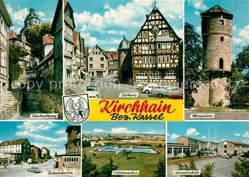 AK / Ansichtskarte Kirchhain_Hessen Aufgang zur Kirche Rathaus Fachwerkhaus Hexenturm Bahnhofsplatz Freibad Schule Kirchhain Hessen