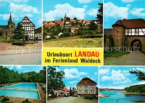 AK / Ansichtskarte Landau_Waldeck Teilansichten Fachwerkhaus Freibad Edertalsperre Landau Waldeck