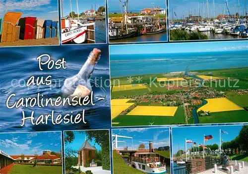 AK / Ansichtskarte Carolinensiel Harlesiel_Ostfriesland Strandkoerbe Hafen Flaschenpost Touristeninfo Fliegeraufnahme Carolinensiel Harlesiel