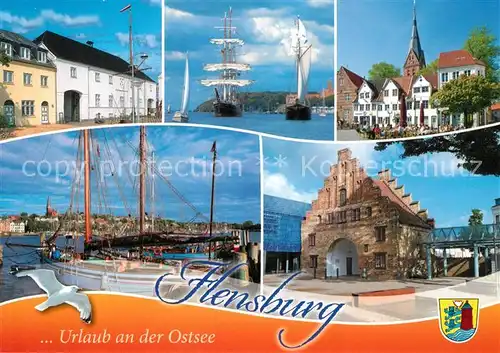 AK / Ansichtskarte Flensburg Schiffahrtsmuseum Nordertor Strassencafe Kirchturm Segelschiffe Moewe Flensburg